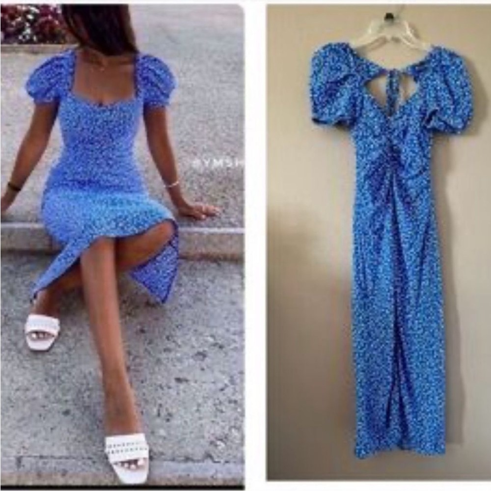 Zara Blue Patterned Midi Dress with Puff Sleeves